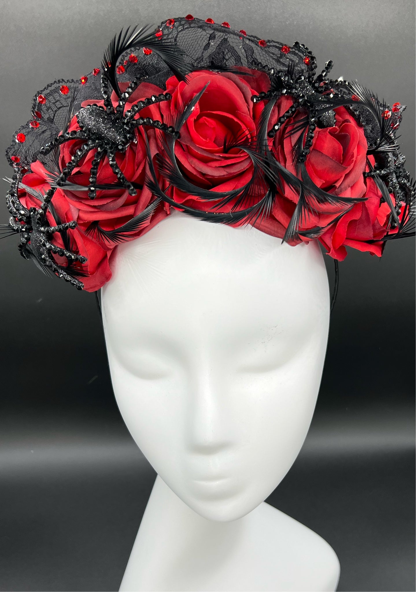 Black headband with veil, Black Headpiece with spider and ve